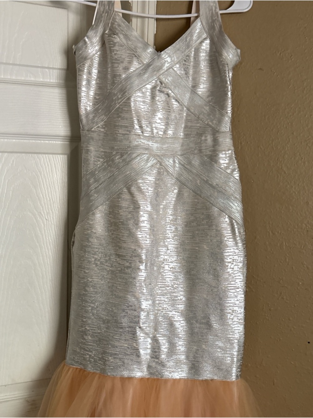 Fashion Nova Silver Metallic Strapless Sheath Dress with Peach Tulle